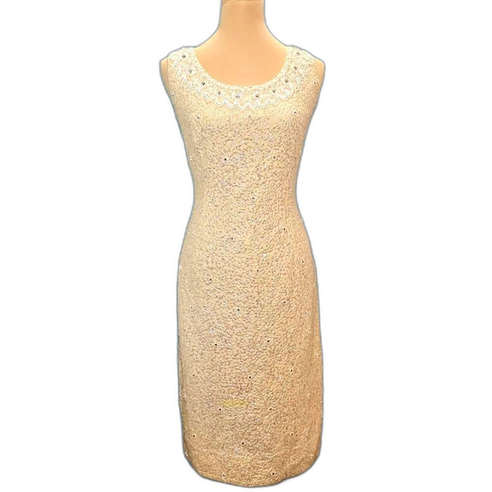 Vintage 60s Helen Wong Sequined & Beaded Sleeveless Cocktail Dress Sz Large